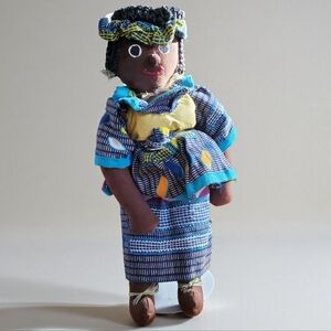 Vintage folk art Mother and Child African Doll in Traditional Clothing w Stand